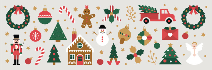 Naklejka premium Holiday Season Elements Vector Set, Beautiful Christmas illustrations of snowman, nutcracker, tree, and candy cane for festive print, poster, invitation, and decoration design use.