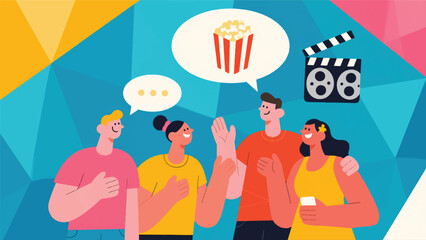 Illustration Of Friends Are Deciding On A Movie To Watch Together, The Chat Bubbles Show A Popcorn Box And A Film Reel Vector Design Template