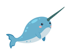 Flat 2D Narwhal illustration, vector graphic in icon style, on white background
