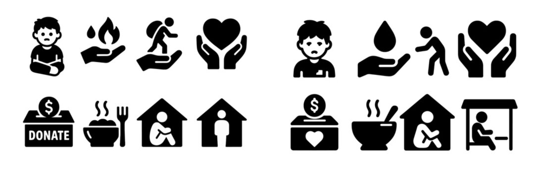 Icons depicting various charitable activities and support for individuals in need during community outreach events