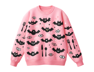 Spooky Cute Pink Bat and Eye Pattern Sweatshirt for Halloween or Everyday Fun isolated on a transparent background
