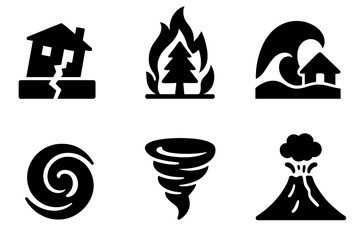 Natural disaster icons representing various events like earthquakes, wildfires, tsunamis, hurricanes, tornadoes, and volcanic eruptions