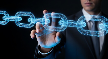 Businessman's hand touching a glowing digital chain link, symbolizing connectivity, blockchain technology, and secure business networks in the digital age