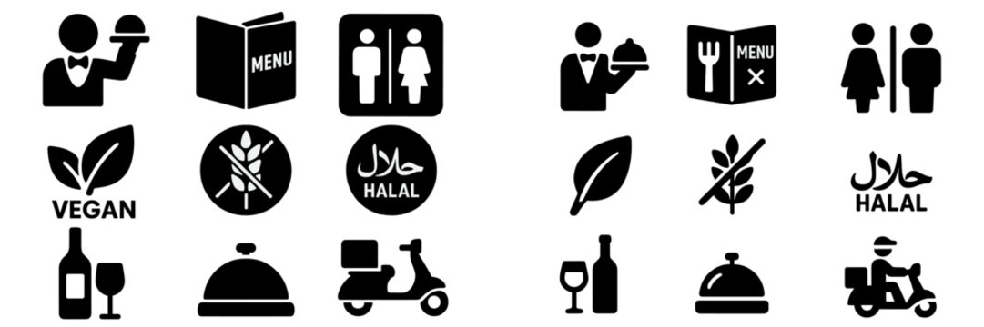 Icons representing various dining options and services in a restaurant setting