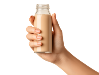 Hand Holding Refreshing Coffee Milk Drink in Glass Bottle isolated on a transparent background
