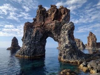 Stunning Elephant-Shaped Volcano Rock Arch on Island Coastline Premium Authentic Travel Landscape for Adventure and Inspiration Marketing Campaigns