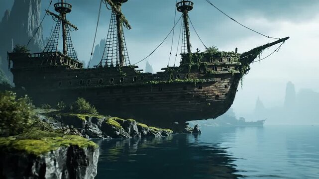Ancient Galleon Beached on Verdant Island Shoreline, Eerie Mist Veiling Distant Peaks
