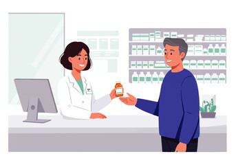 A friendly female pharmacist hands a prescription medication bottle to a smiling male customer at the pharmacy counter.