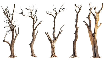 5 dead trees isolated, against dark. Stark branches shown