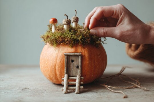 Authentic Handmade Autumn Fairy Cottage Pumpkin Craft with Miniature Wooden Door and Moss Roof for Mindful Seasonal Lifestyle Marketing Content