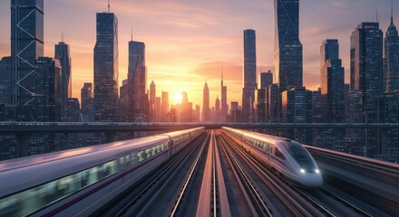 Fototapeta premium Futuristic high speed trains racing through a modern city skyline at sunset with dramatic lighting and vibrant colors illuminating the skyscrapers