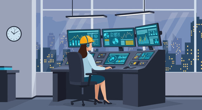 Woman engineer working in a modern control room with multiple monitors and controls