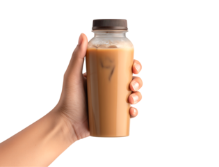 Hand holding a refreshing iced coffee bottle isolated on a transparent background