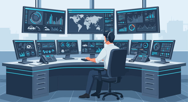 Centralized monitoring and control station equipped with multiple screens displaying critical data