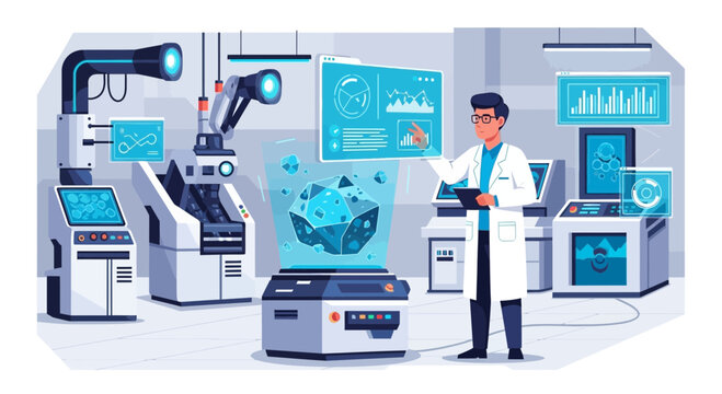Futuristic science laboratory exploring a crystallized asteroid, scientific discovery