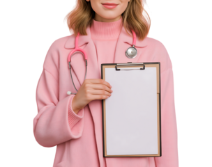 Smiling Medical Professional in Pink with Stethoscope and Blank Clipboard isolated on a transparent background