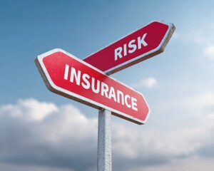 Premium risk management and travel insurance dual road signs modern outdoor concept for confident business marketing and social media campaigns