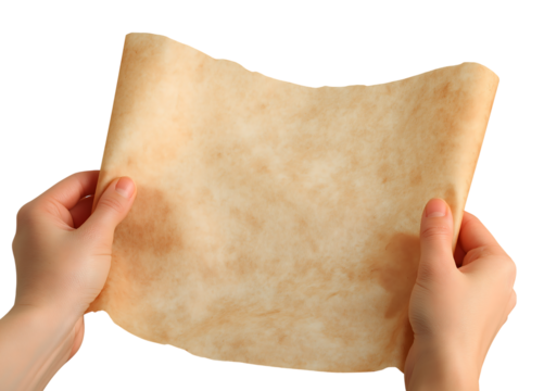 Hands Holding Vintage Parchment Scroll on Black Background isolated on a transparent background