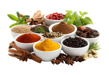 Vibrant Assortment of Aromatic Spices and Fresh Herbs in White Bowls isolated on a transparent background