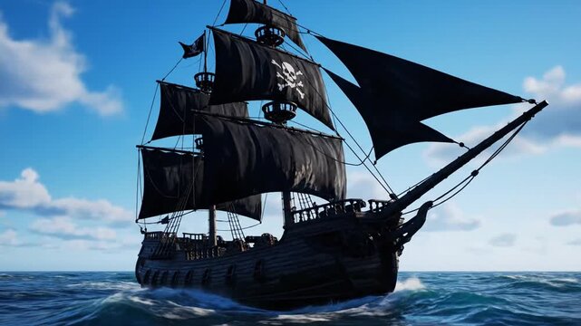 Epic Pirate Ship with Black Sails and Jolly Roger Flag Sailing Majestically on the High Seas