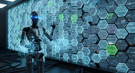 Advanced AI Robot Interacting with Complex Digital Hexagonal Data Interface, Futuristic Technology and Machine Learning