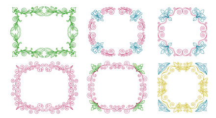 Obraz premium A collection of six ornate floral decorative frames with varied shapes and colors for elegant design elements.