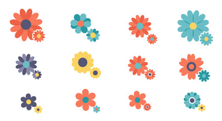 Collection of simple flat illustrated flowers in various colors and arrangements for decoration.