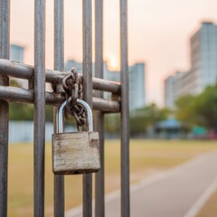 Naklejka premium Professional Locked School Gate with Padlock on Empty Campus Authentic Security Concept for Education Safety and Public Awareness Campaigns