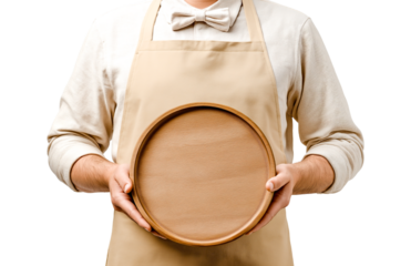Waiter in Apron Presenting Blank Wooden Serving Board isolated on a transparent background