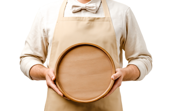 Waiter in Apron Presenting Blank Wooden Serving Board isolated on a transparent background
