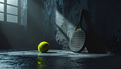 Dramatic indoor image of a padel leaning on a dark concrete wall with a ball Background
