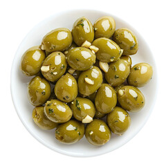 A plate of stuffed olives, filled with garlic, almonds, or anchovies. full length isolate on transparent background