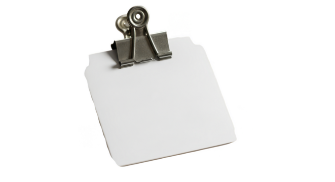 Blank notepad held by a shiny binder clip