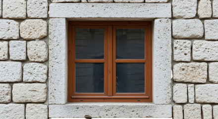 Brown framed window amidst stone facade