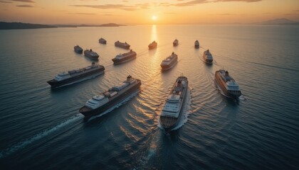 An aerial picture of a well-coordinated fleet of environmentally conscious ships sailing the seas under a gorgeous sunset.