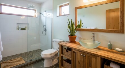 Modern bathroom interior with a glass shower wooden vanity and vessel sink creating a bright and functional space for home design