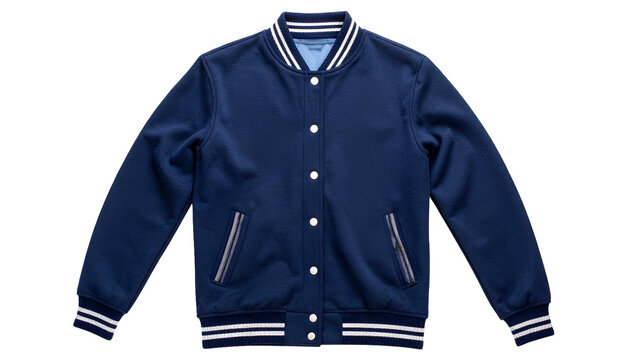 A front-facing shot of a navy blue varsity jacket with white and blue trim