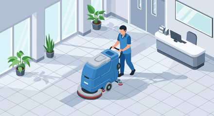 Man operating floor cleaning machine in office environment.