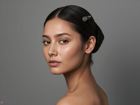 Portrait of beautiful woman with flawless skin and hair clip on gray background studio shot beauty face