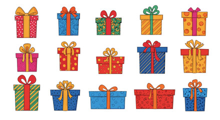 A vibrant collection of gift boxes decorated with colorful patterns and ribbons for festive celebrations.
