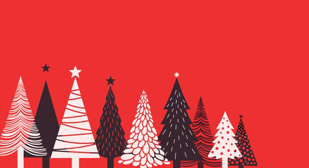 Stylized evergreen trees with star toppers on a bright red background.