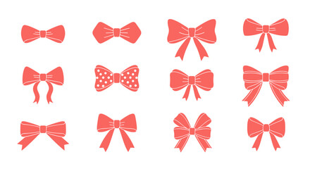 A collection of various coral colored bows with different designs and shapes.