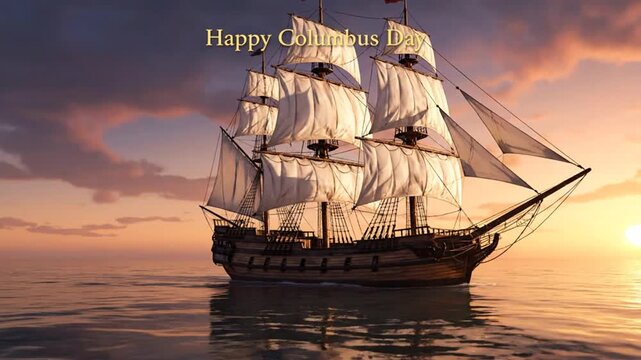 Happy Columbus Day Greeting Featuring a Majestic Historic Ship Sailing on a Golden Ocean at Sunset