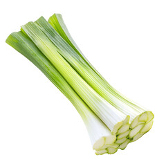 A leek thick layers are visible when sliced lengthwise. full length isolate on transparent background