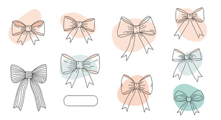 Collection of hand drawn bows in various styles on a white background with abstract shapes.