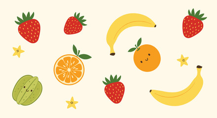 A delightful arrangement of cheerful and colorful cartoon fruits including strawberries bananas oranges and star fruit.
