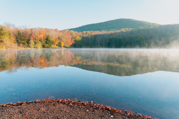 Beautiful Autumn Forest with Mountain Fog and A Lake