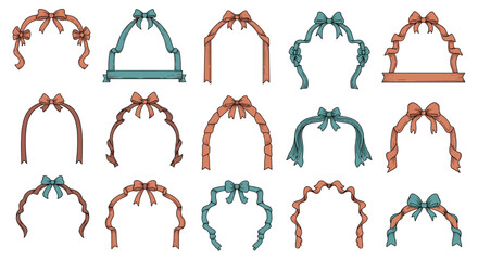 A collection of decorative wedding arches with elegant bows and draped ribbons.