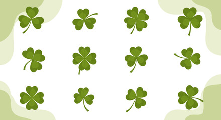 A pattern of four leaf clovers and three leaf clovers on a light green background.