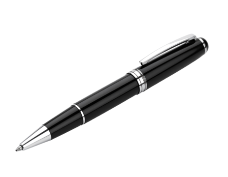 Elegant Black Ballpoint Pen with Silver Clip Mockup — Transparent Background